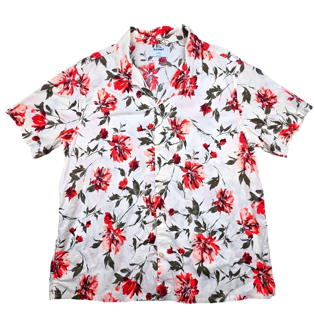 Old Navy Mens XL White Red Floral Built-In Flex Short Sleeve Camp Collar Shirt